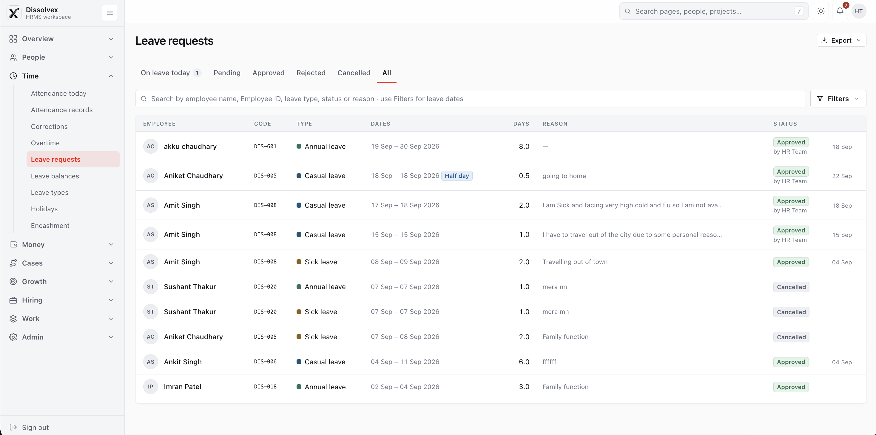 Leave Applications and Balance Tracker — dissolveX HRMS